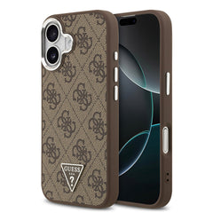 Apple iPhone 17 Kılıf Guess Orjinal Lisanslı M-safe Şarj Özellikli Gümüş Metal Kamera Çerçeveli Üçgen Logo 4G Desenli Kapak