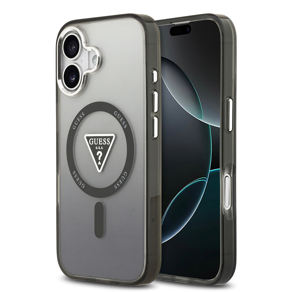 Apple iPhone 17 Kılıf Guess Orjinal Lisanslı M-safe Şarj Özellikli IML Baskılı Üçgen Logolu Metal Kamera Çerçeveli Kapak