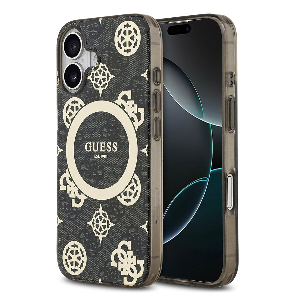 Apple iPhone 17 Kılıf Guess Orjinal Lisanslı M-safe Şarj Özellikli IML Peony ve 4G Desenli Klasik Logolu Kapak