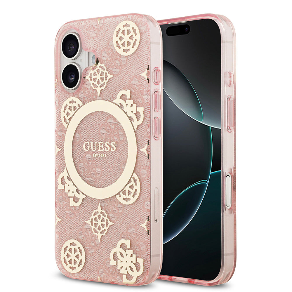 Apple iPhone 17 Kılıf Guess Orjinal Lisanslı M-safe Şarj Özellikli IML Peony ve 4G Desenli Klasik Logolu Kapak