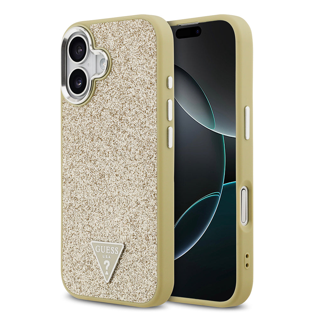 Apple iPhone 17 Kılıf Guess Orjinal Lisanslı M-safe Şarj Özellikli Metal Kamera Çerçeveli Üçgen Logolu Glitter Kapak