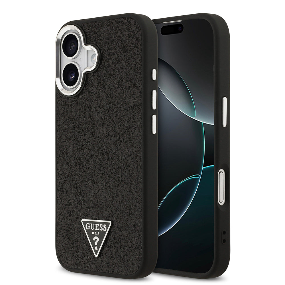 Apple iPhone 17 Kılıf Guess Orjinal Lisanslı M-safe Şarj Özellikli Metal Kamera Çerçeveli Üçgen Logolu Glitter Kapak