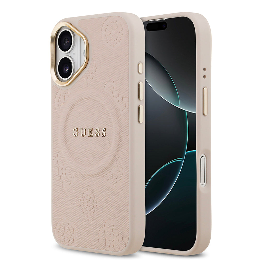 Apple iPhone 17 Kılıf Guess Orjinal Lisanslı M-safe Şarj Özellikli Sıcak Baskılı Yazı Logolu PU Deri Peony Kapak