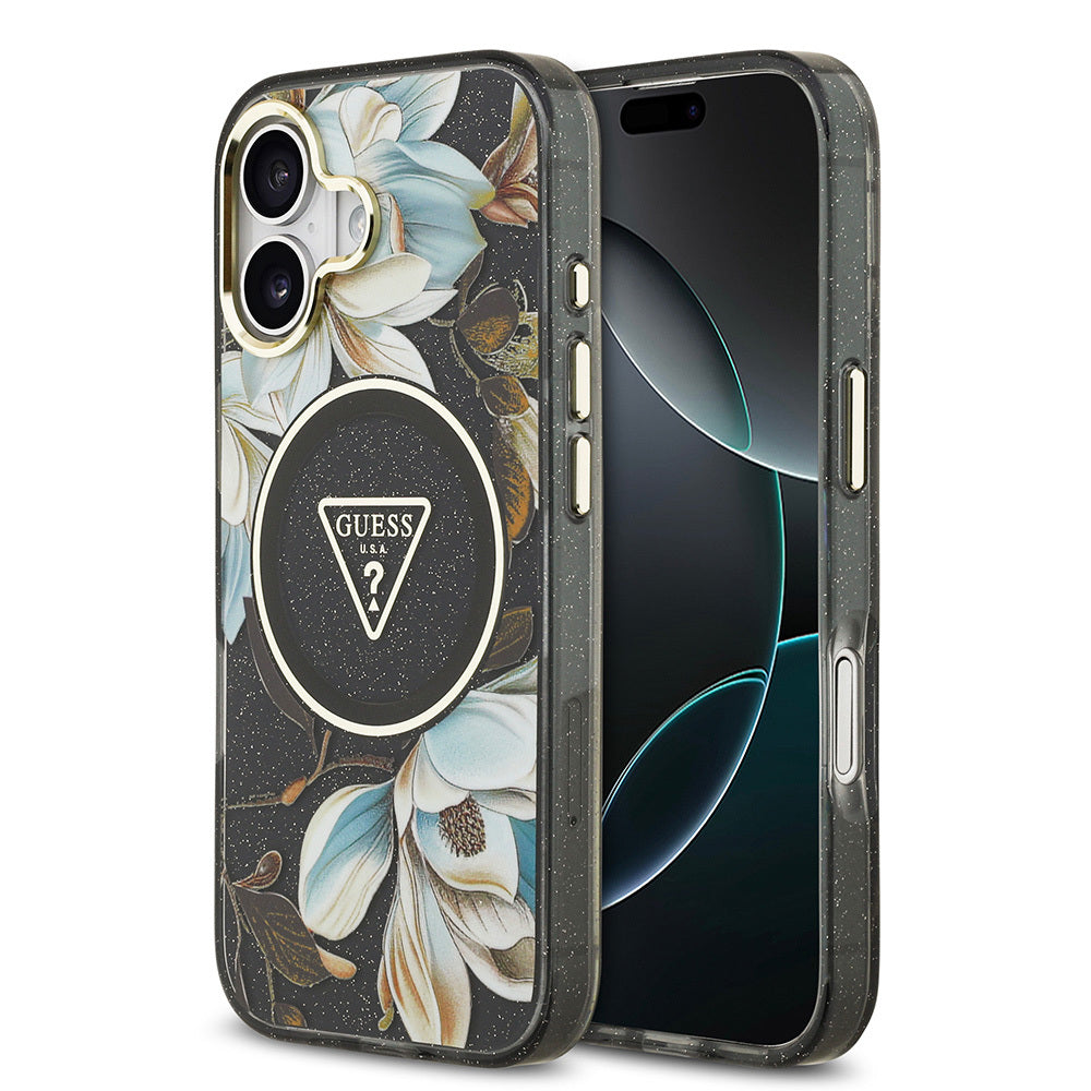 Apple iPhone 17 Kılıf Guess Orjinal Lisanslı M-safe Şarj Özellikli Simli Çiçek Desenli Metal Kamera Çerçeveli Üçgen Logolu Kapak