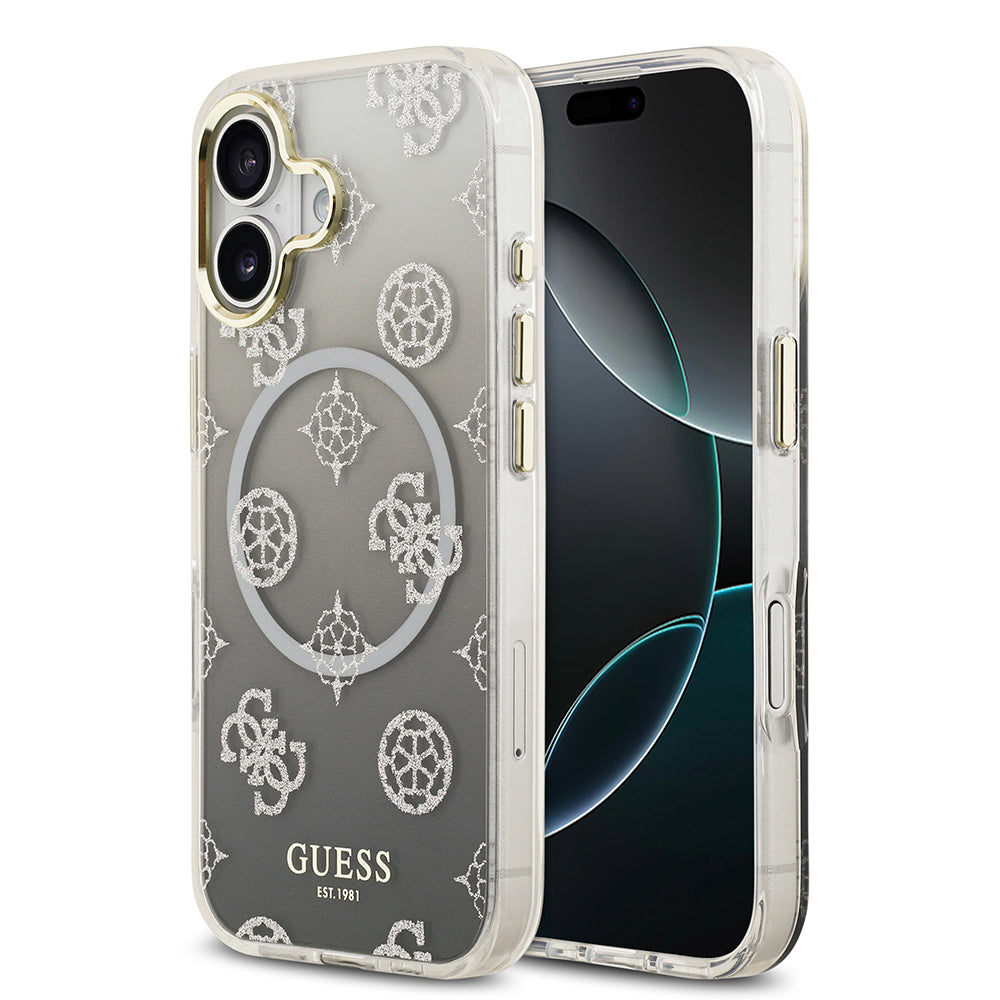 Apple iPhone 17 Kılıf Guess Orjinal Lisanslı M-safe Şarj Özellikli Simli Peony Desenli Silikon Kapak