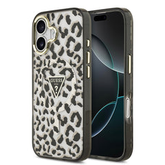 Apple iPhone 17 Kılıf Guess Orjinal Lisanslı M-safe Şarj Özellikli Üçgen Logolu Simli Leopar Desenli Kapak
