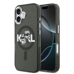Apple iPhone 17 Kılıf Karl Lagerfeld Orjinal Lisanslı Parlayan Simli Karl & Choupette Sketch Logo Kapak