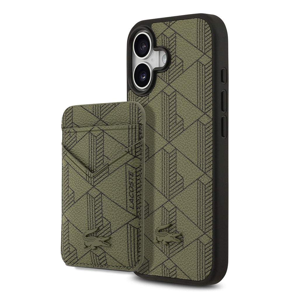 Apple iPhone 17 Kılıf Lacoste Orjinal Lisanslı M-safe Şarj Özellikli PU Deri Tasarımlı Kartlıklı Karışık Monogram Desenli Kapak