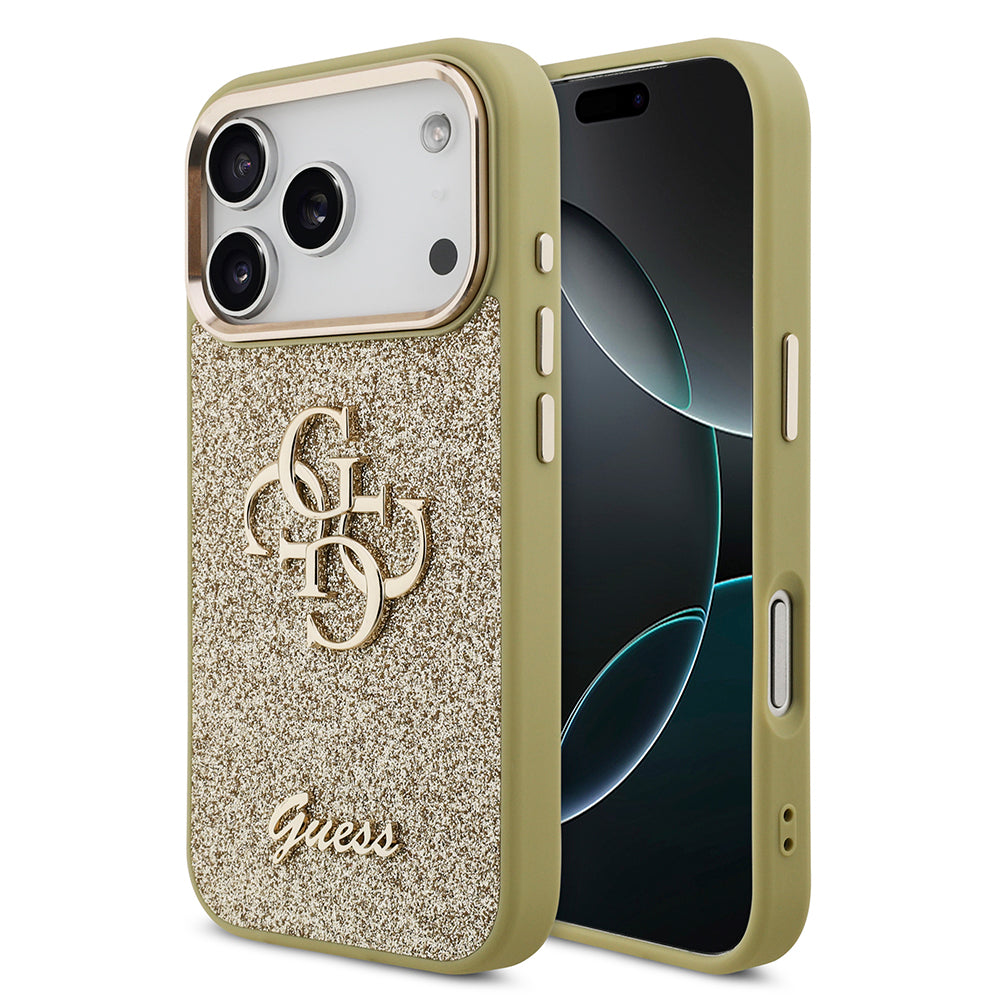 Apple iPhone 17 Pro Kılıf Guess Orjinal Lisanslı 4G Büyük Metal Kamera Çerçeveli ve Logolu Glitter Kapak