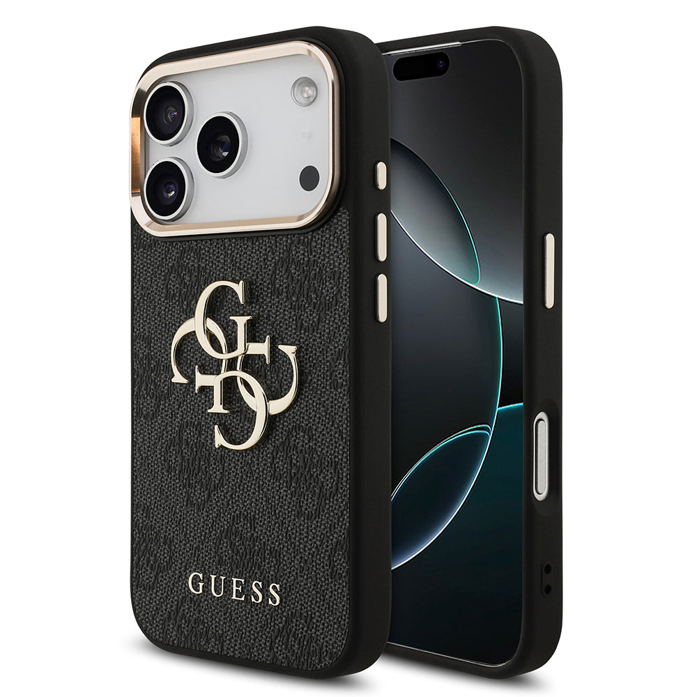 Apple iPhone 17 Pro Kılıf Guess Orjinal Lisanslı Gold Metal Kamera Çerçeveli 4G Desenli Metal Büyük 4G ve Yazı Logolu Kapak