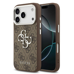 Apple iPhone 17 Pro Kılıf Guess Orjinal Lisanslı Gümüş Metal Kamera Çerçeveli 4G Desenli Metal Büyük 4G ve Yazı Logolu Kapak
