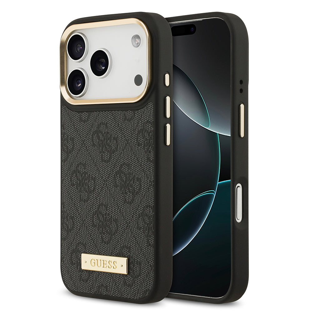Apple iPhone 17 Pro Kılıf Guess Orjinal Lisanslı M-safe Şarj Özellikli 4G Desenli PU Metal Plaka Klasik Logolu Kapak