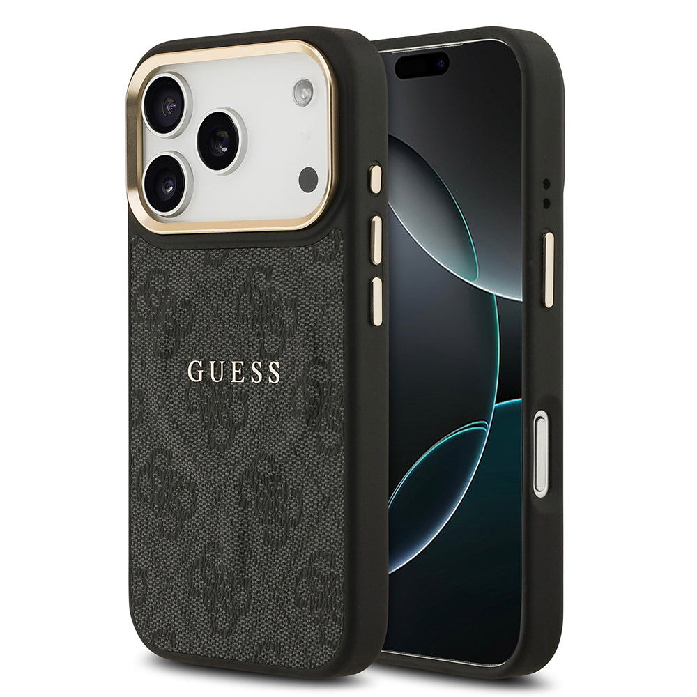 Apple iPhone 17 Pro Kılıf Guess Orjinal Lisanslı M-safe Şarj Özellikli Gold Metal Kamera Çerçeveli PU Deri 4G Desenli Yazı Logolu Kapak