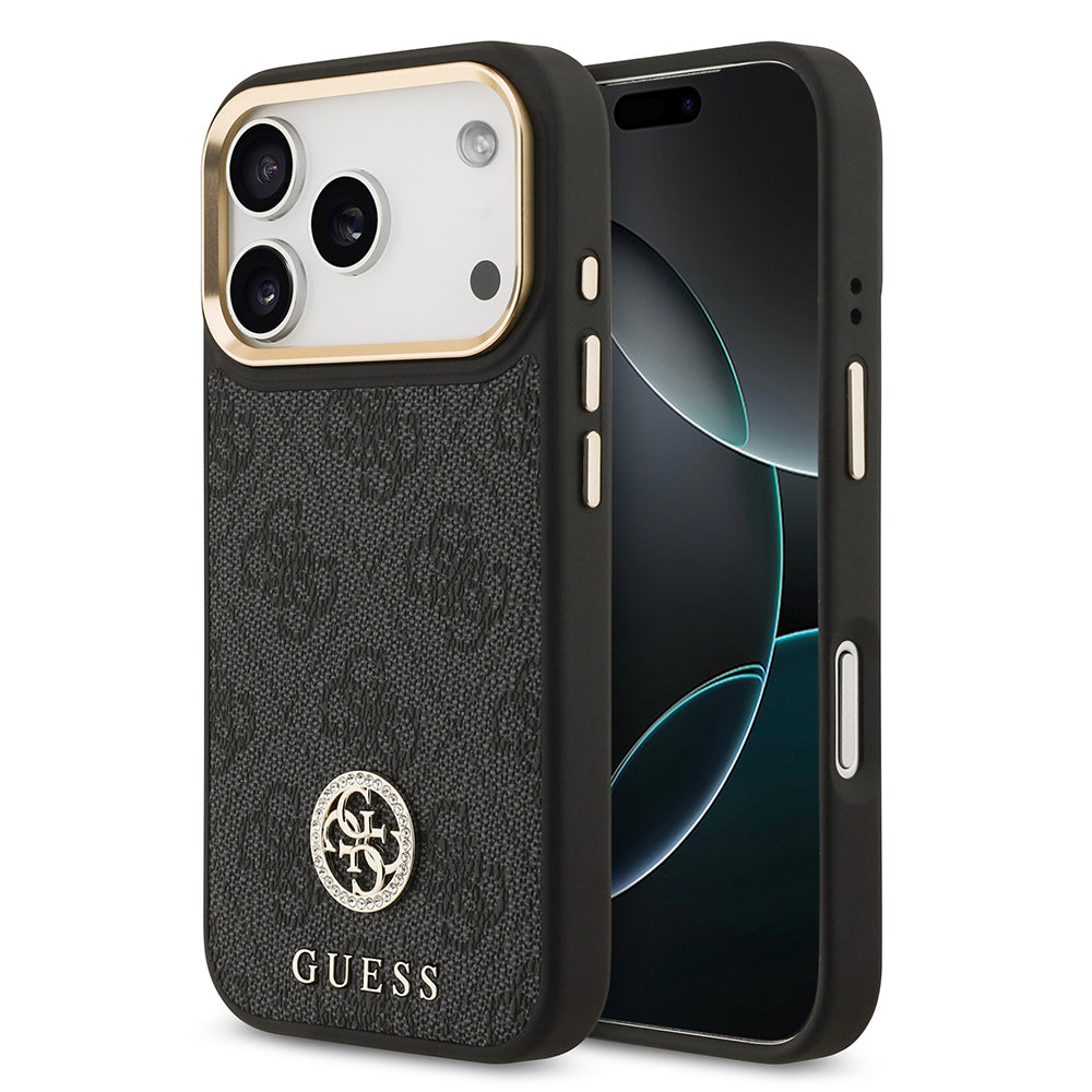 Apple iPhone 17 Pro Kılıf Guess Orjinal Lisanslı M-safe Şarj Özellikli Gold Metal Kamera Çerçeveli Taşlı 4G Logolu Kapak