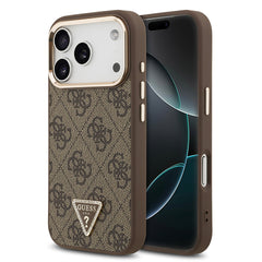 Apple iPhone 17 Pro Kılıf Guess Orjinal Lisanslı M-safe Şarj Özellikli Gold Metal Kamera Çerçeveli Taşlı Üçgen Logo 4G Desenli Kapak