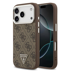 Apple iPhone 17 Pro Kılıf Guess Orjinal Lisanslı M-safe Şarj Özellikli Gümüş Metal Kamera Çerçeveli Üçgen Logo 4G Desenli Kapak