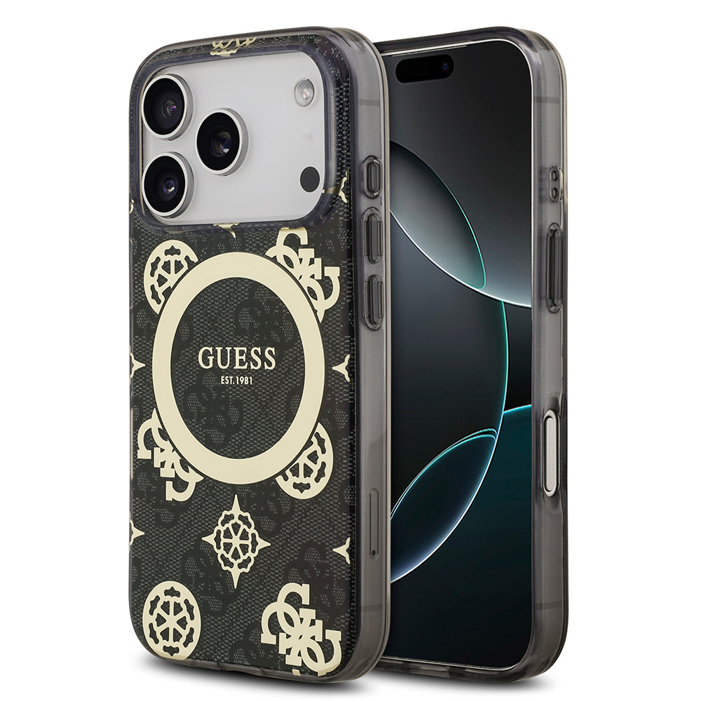 Apple iPhone 17 Pro Kılıf Guess Orjinal Lisanslı M-safe Şarj Özellikli IML Peony ve 4G Desenli Klasik Logolu Kapak