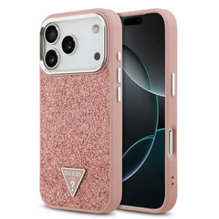 Apple iPhone 17 Pro Kılıf Guess Orjinal Lisanslı M-safe Şarj Özellikli Metal Kamera Çerçeveli Üçgen Logolu Glitter Kapak