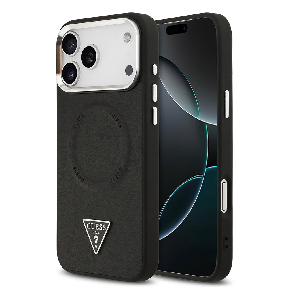 Apple iPhone 17 Pro Kılıf Guess Orjinal Lisanslı M-safe Şarj Özellikli PU Deri Metal Kamera Çerçeveli Üçgen Logolu Kapak