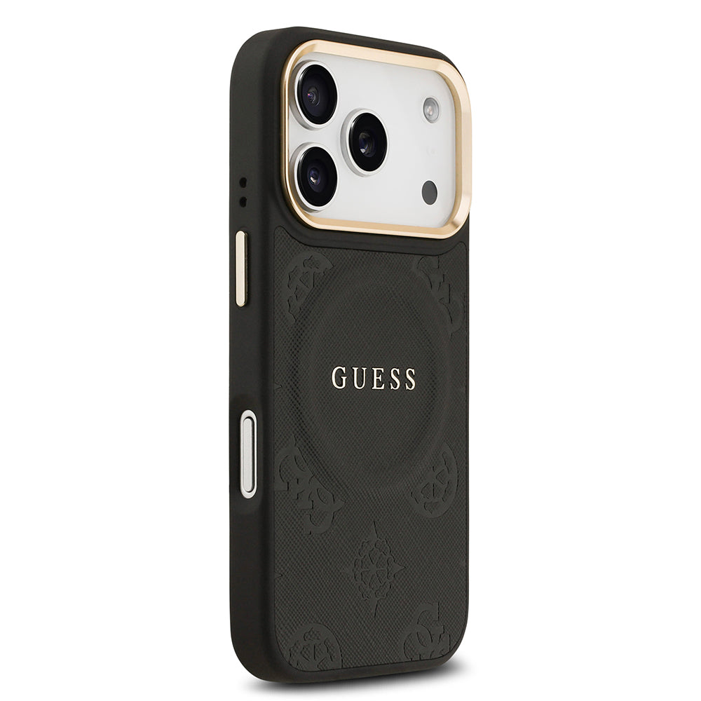Apple iPhone 17 Pro Kılıf Guess Orjinal Lisanslı M-safe Şarj Özellikli Sıcak Baskılı Yazı Logolu PU Deri Peony Kapak