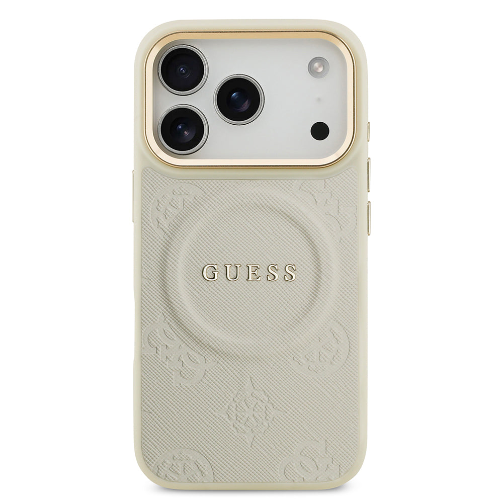 Apple iPhone 17 Pro Kılıf Guess Orjinal Lisanslı M-safe Şarj Özellikli Sıcak Baskılı Yazı Logolu PU Deri Peony Kapak