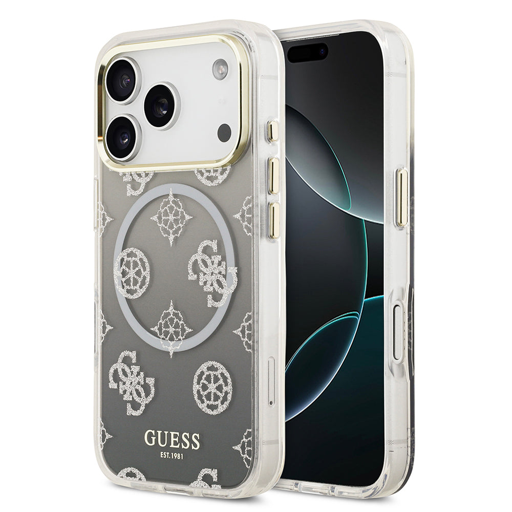 Apple iPhone 17 Pro Kılıf Guess Orjinal Lisanslı M-safe Şarj Özellikli Simli Peony Desenli Silikon Kapak