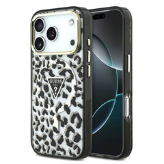 Apple iPhone 17 Pro Kılıf Guess Orjinal Lisanslı M-safe Şarj Özellikli Üçgen Logolu Simli Leopar Desenli Kapak