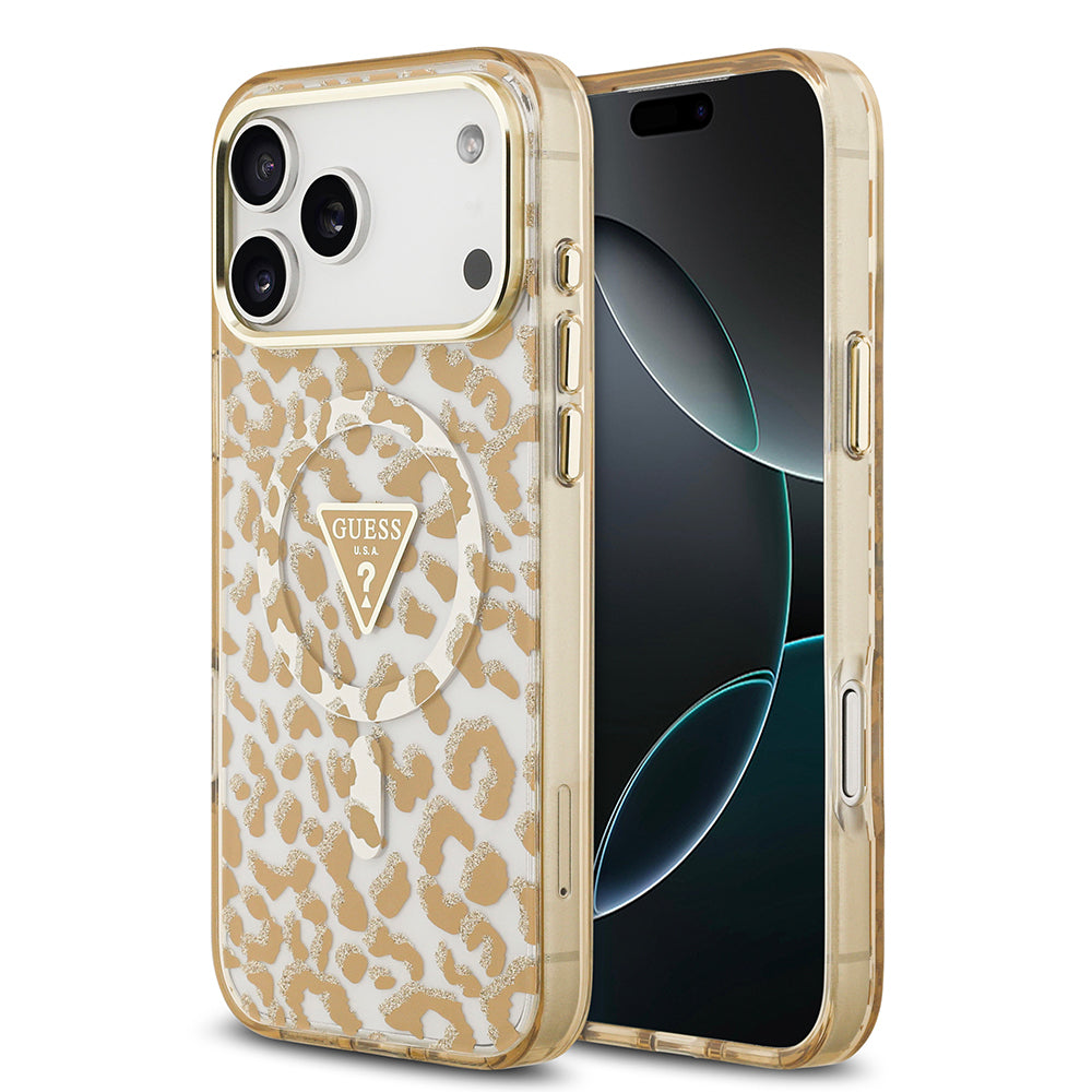 Apple iPhone 17 Pro Kılıf Guess Orjinal Lisanslı M-safe Şarj Özellikli Üçgen Logolu Simli Leopar Desenli Kapak