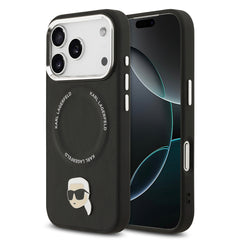 Apple iPhone 17 Pro Kılıf Karl Lagerfeld Orjinal Lisanslı M-safe Şarj Özellikli Metal Kamera ve Buton Tasarımlı Karl PU Deri Kapak