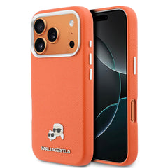 Apple iPhone 17 Pro Kılıf Karl Lagerfeld Orjinal Lisanslı M-safe Şarj Özellikli Metal Kamera ve Buton Tasarımlı K&C Head Logolu PU Deri Kapak