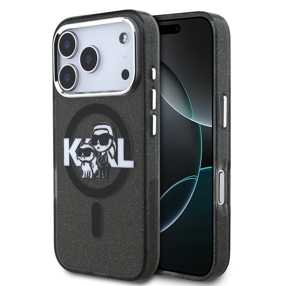 Apple iPhone 17 Pro Kılıf Karl Lagerfeld Orjinal Lisanslı Parlayan Simli Karl & Choupette Sketch Logo Kapak