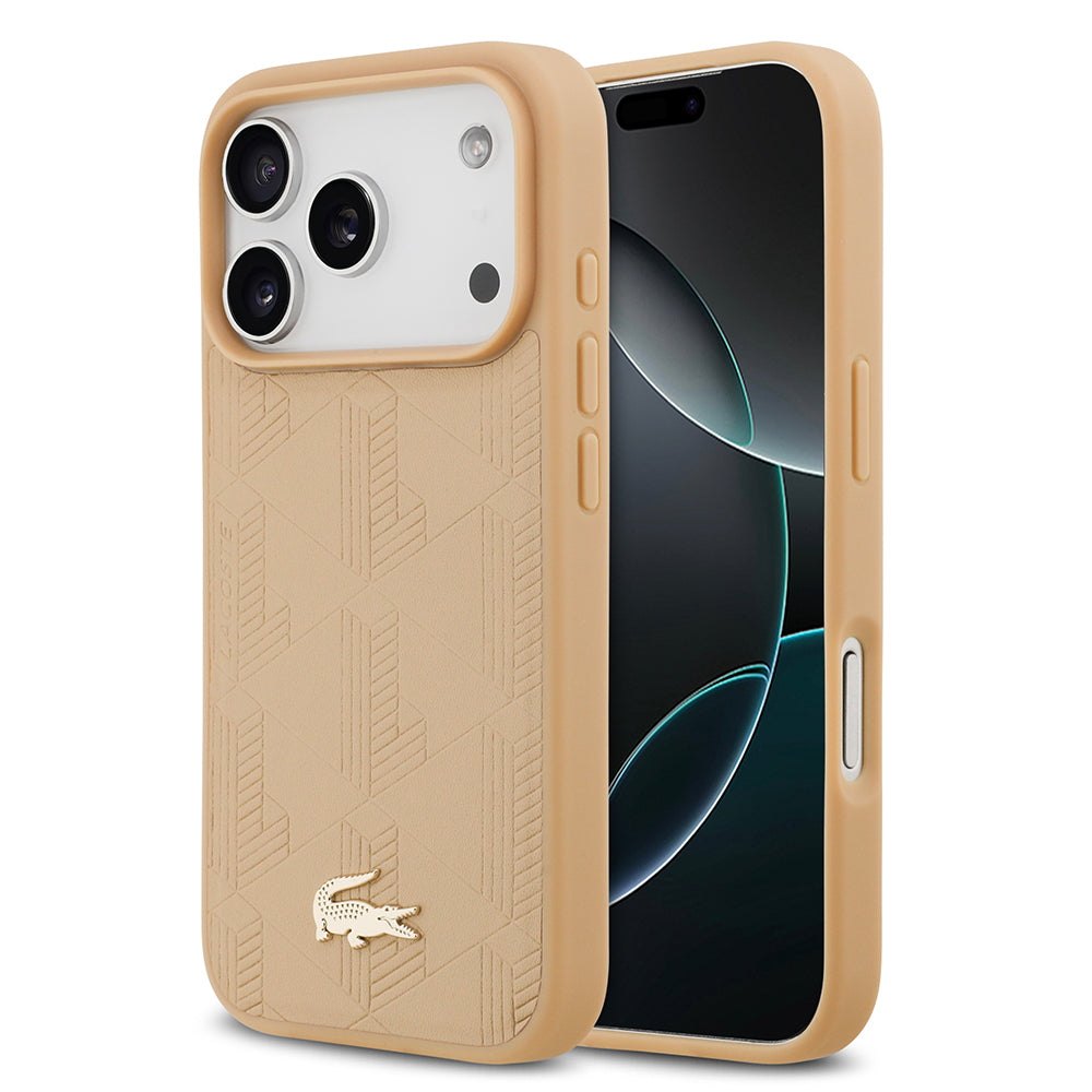 Apple iPhone 17 Pro Kılıf Lacoste Orjinal Lisanslı M-safe Şarj Özellikli PU Deri Tasarımlı Karışık Monogram Desenli Kapak
