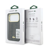 Apple iPhone 17 Pro Kılıf Lacoste Orjinal Lisanslı M-safe Şarj Özellikli Standlı PU Deri Karışık Monogram Desenli Kapak