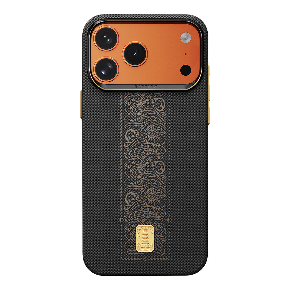 Apple iPhone 17 Pro Kılıf M-safe Şarj Özellikli Raptic Aramid Skin Rise Serisi 24 Ayar Altın Kaplamalı Kapak