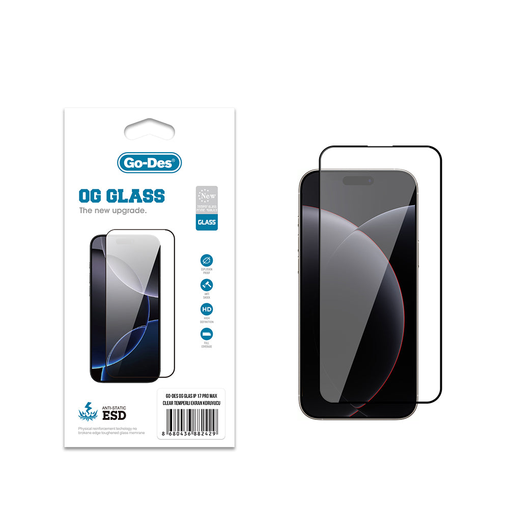 Apple iPhone 17 Pro Max Go Des OG Glass Antistatik Temperli Cam Ekran Koruyucu