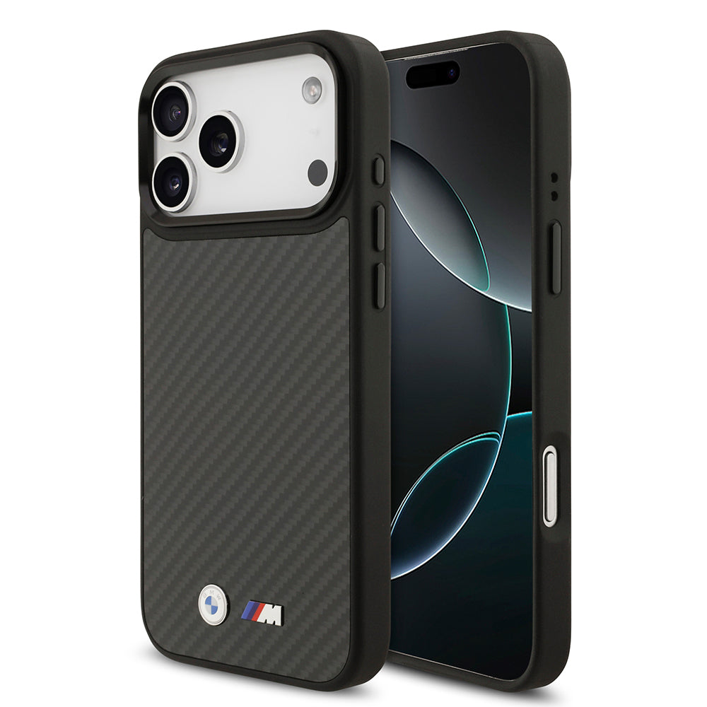 Apple iPhone 17 Pro Max Kılıf BMW Orjinal Lisanslı M-safe Şarj Özellikli Karbon Fiber Metal Logolu Kevlar Kapak