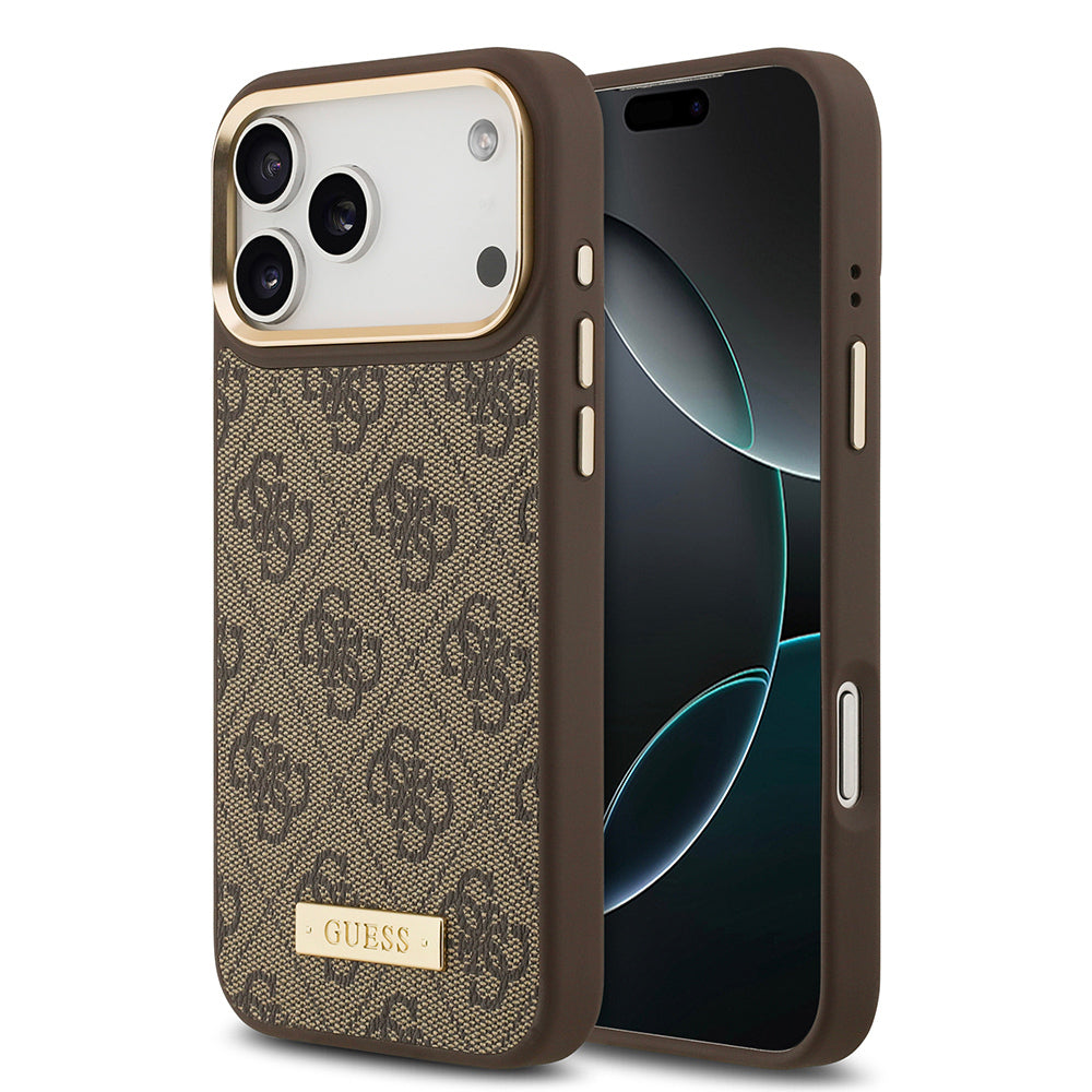 Apple iPhone 17 Pro Max Kılıf Guess Orjinal Lisanslı M-safe Şarj Özellikli 4G Desenli PU Metal Plaka Klasik Logolu Kapak