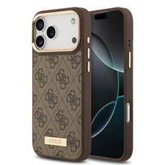 Apple iPhone 17 Pro Max Kılıf Guess Orjinal Lisanslı M-safe Şarj Özellikli 4G Desenli PU Metal Plaka Klasik Logolu Kapak