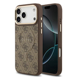 Apple iPhone 17 Pro Max Kılıf Guess Orjinal Lisanslı M-safe Şarj Özellikli Gold Metal Kamera Çerçeveli PU Deri 4G Desenli Yazı Logolu Kapak