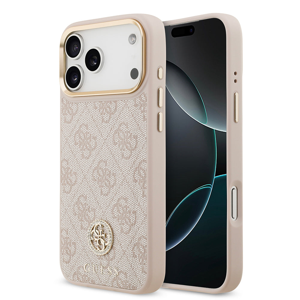 Apple iPhone 17 Pro Max Kılıf Guess Orjinal Lisanslı M-safe Şarj Özellikli Gold Metal Kamera Çerçeveli Taşlı 4G Logolu Kapak