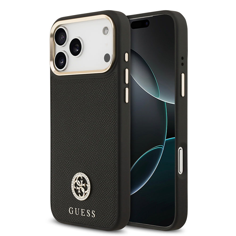 Apple iPhone 17 Pro Max Kılıf Guess Orjinal Lisanslı M-safe Şarj Özellikli Grained Yazı ve Taşlı 4G Logolu Kapak