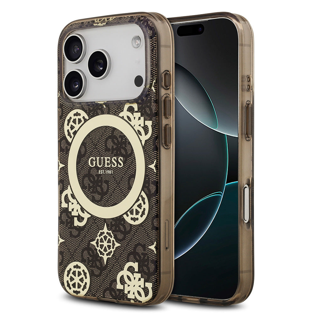 Apple iPhone 17 Pro Max Kılıf Guess Orjinal Lisanslı M-safe Şarj Özellikli IML Peony ve 4G Desenli Klasik Logolu Kapak
