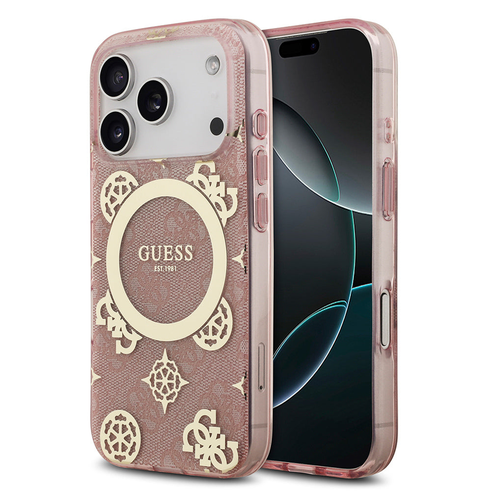 Apple iPhone 17 Pro Max Kılıf Guess Orjinal Lisanslı M-safe Şarj Özellikli IML Peony ve 4G Desenli Klasik Logolu Kapak