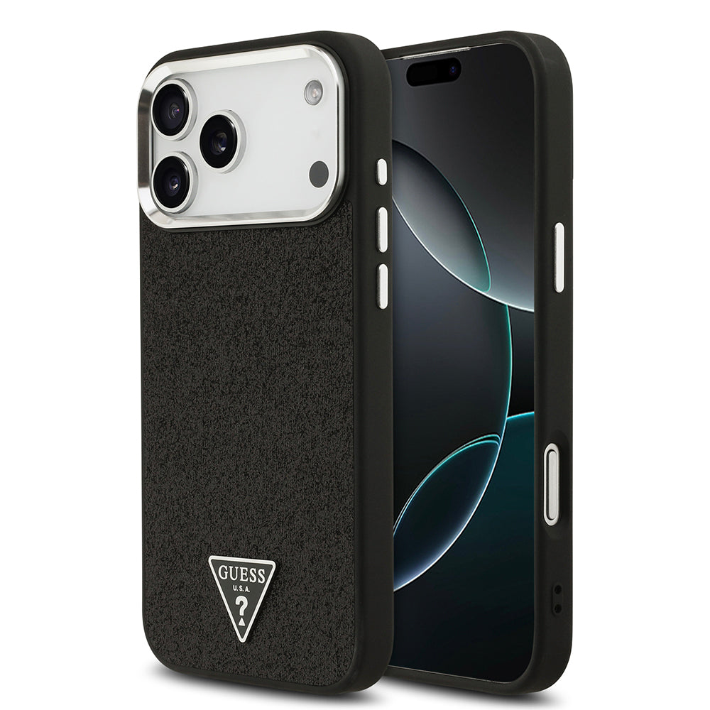 Apple iPhone 17 Pro Max Kılıf Guess Orjinal Lisanslı M-safe Şarj Özellikli Metal Kamera Çerçeveli Üçgen Logolu Glitter Kapak