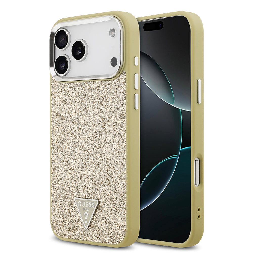 Apple iPhone 17 Pro Max Kılıf Guess Orjinal Lisanslı M-safe Şarj Özellikli Metal Kamera Çerçeveli Üçgen Logolu Glitter Kapak