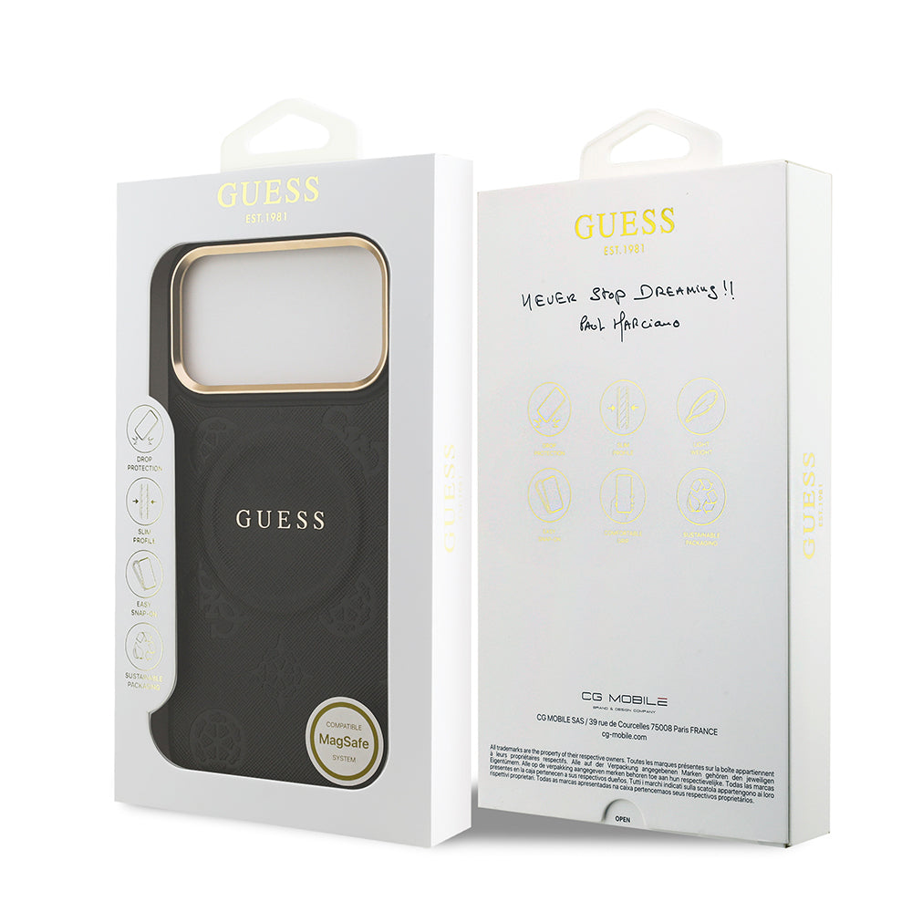 Apple iPhone 17 Pro Max Kılıf Guess Orjinal Lisanslı M-safe Şarj Özellikli Sıcak Baskılı Yazı Logolu PU Deri Peony Kapak