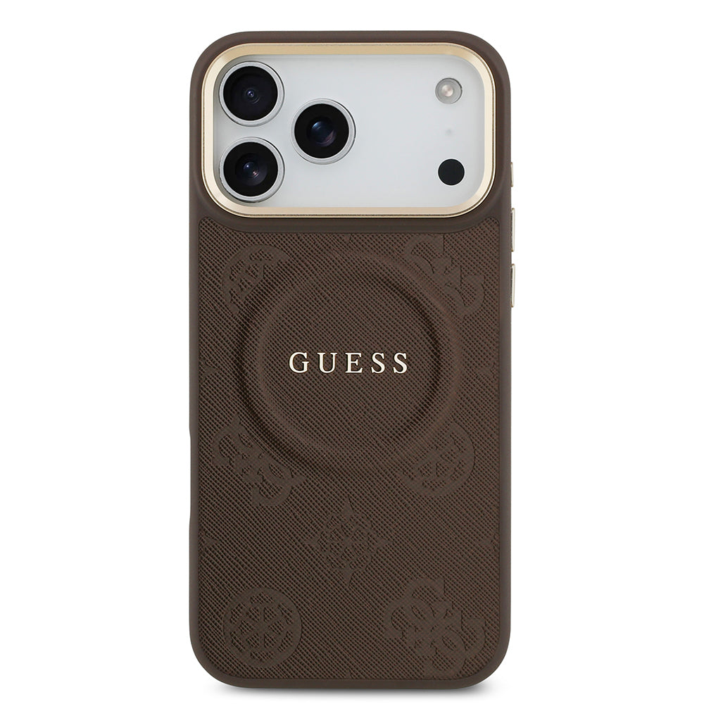 Apple iPhone 17 Pro Max Kılıf Guess Orjinal Lisanslı M-safe Şarj Özellikli Sıcak Baskılı Yazı Logolu PU Deri Peony Kapak