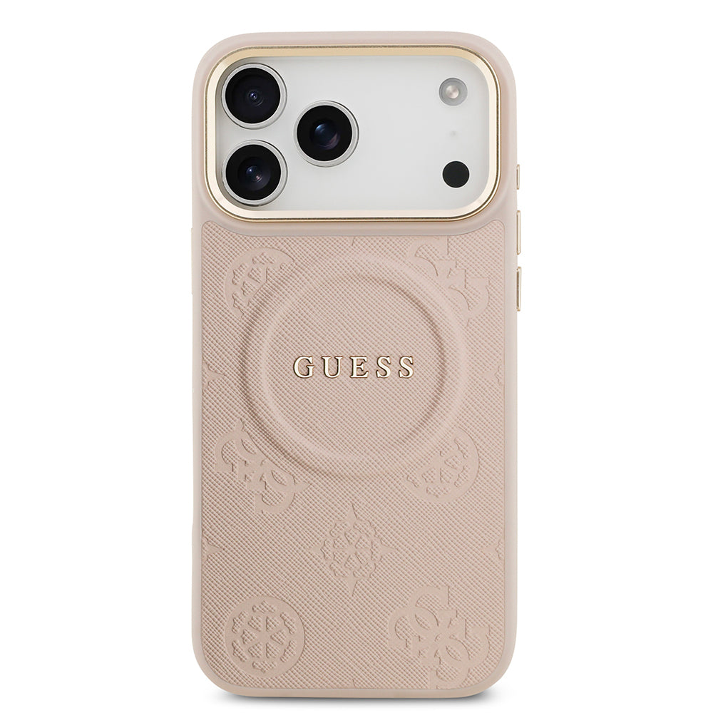 Apple iPhone 17 Pro Max Kılıf Guess Orjinal Lisanslı M-safe Şarj Özellikli Sıcak Baskılı Yazı Logolu PU Deri Peony Kapak