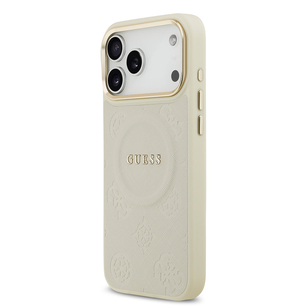 Apple iPhone 17 Pro Max Kılıf Guess Orjinal Lisanslı M-safe Şarj Özellikli Sıcak Baskılı Yazı Logolu PU Deri Peony Kapak