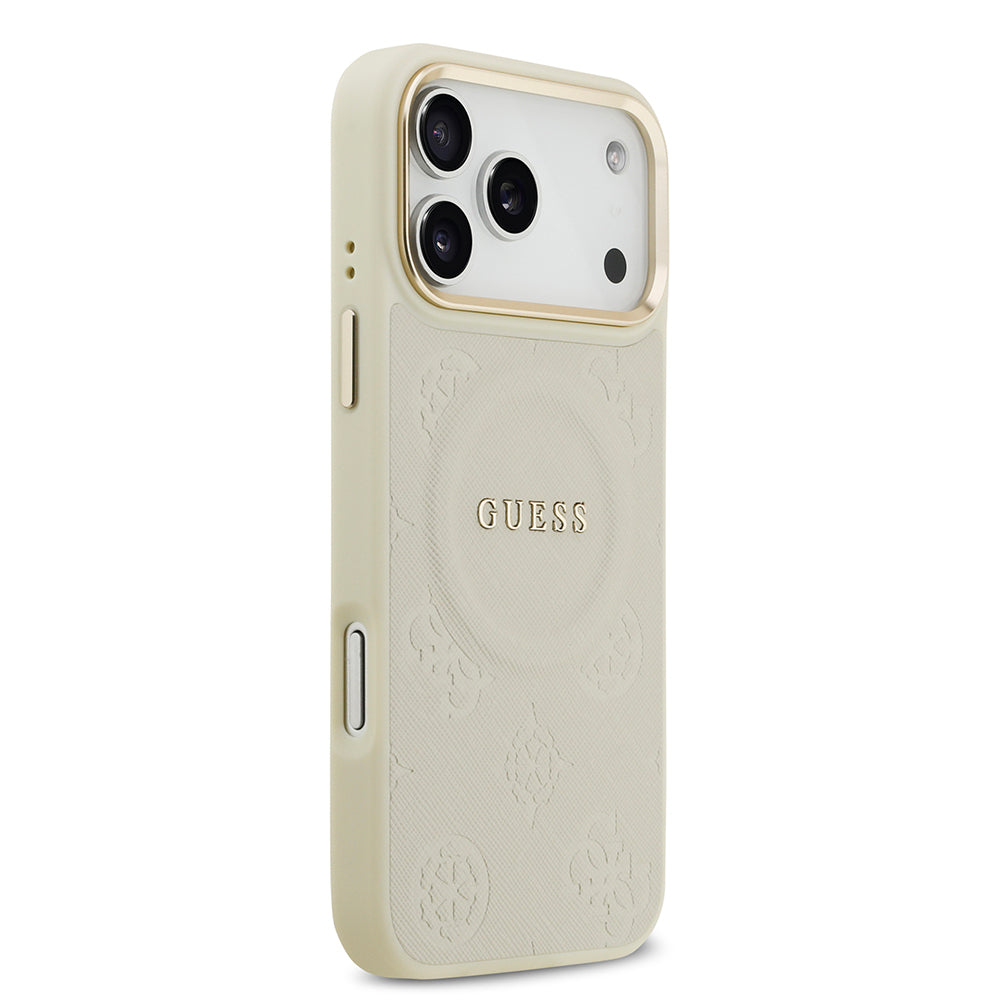 Apple iPhone 17 Pro Max Kılıf Guess Orjinal Lisanslı M-safe Şarj Özellikli Sıcak Baskılı Yazı Logolu PU Deri Peony Kapak